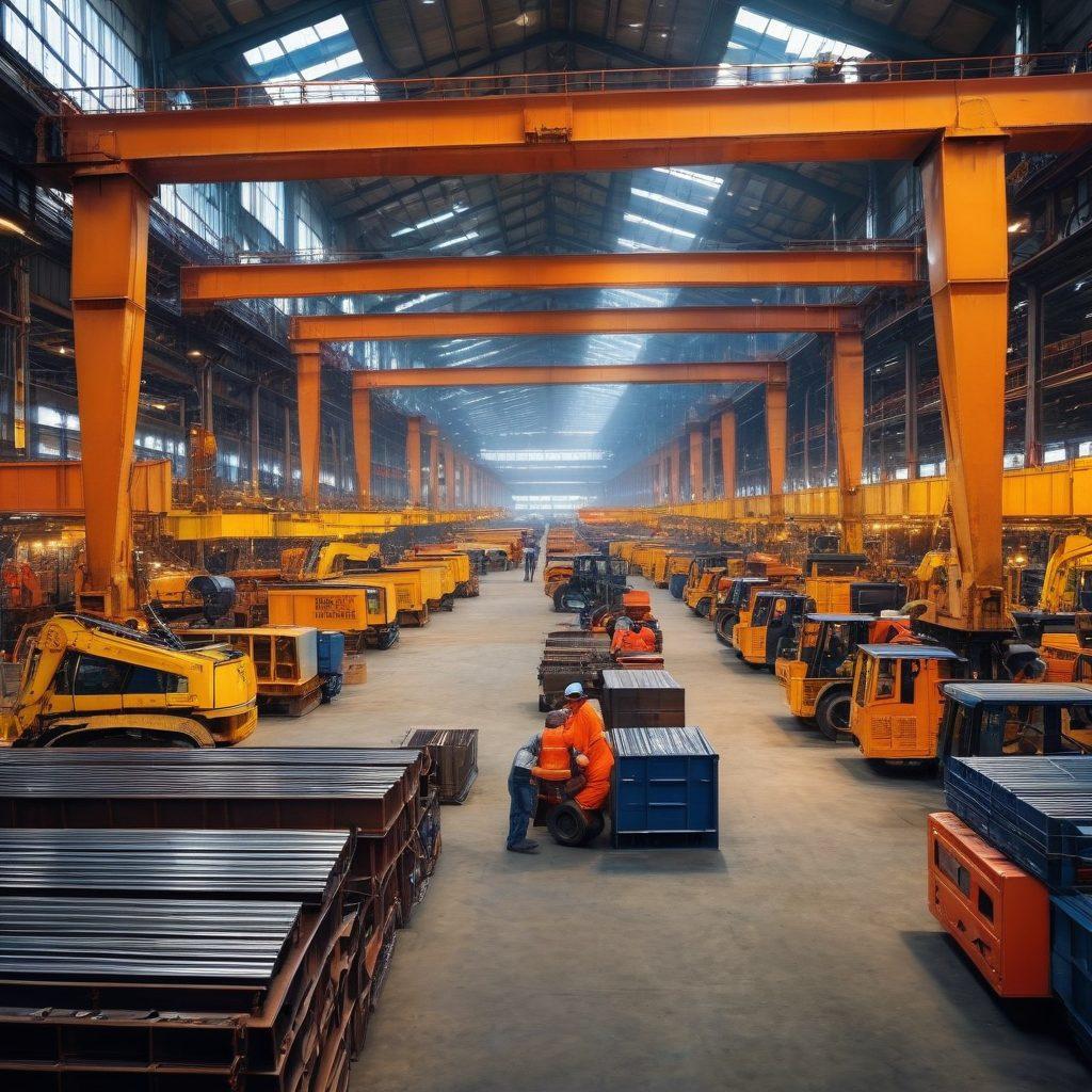 A vast steel market scene showcasing a variety of industrial metals and components, with workers analyzing materials and making deals. Incorporate heavy machinery, glistening steel beams, and stacks of metal parts in the background. Add a sense of bustling activity and professionalism, with diverse individuals in hard hats and safety gear. The atmosphere should be dynamic and informative, inviting viewers to see the intricacies of sourcing quality metals. super-realistic. vibrant colors. industrial aesthetic.